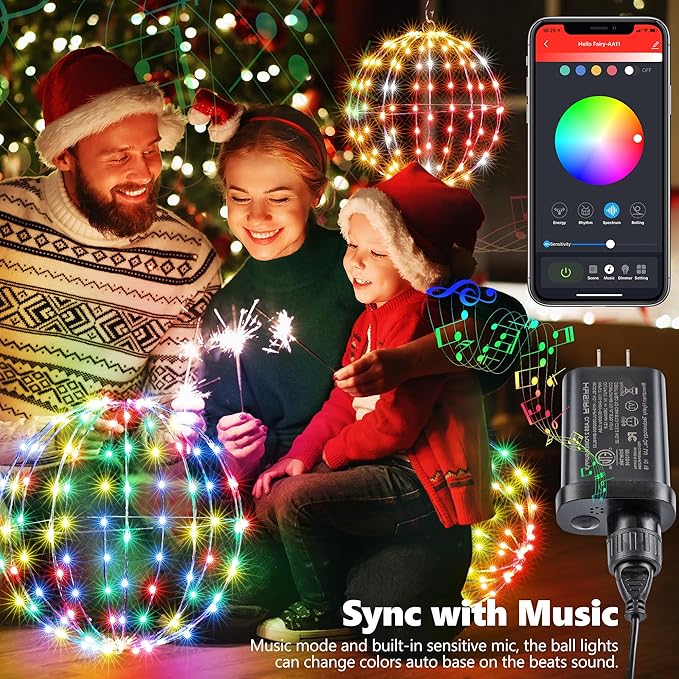 Joomer Smart RGB Christmas Hanging Ball Lights, 12in 108 LED Foldable Color Changing Xmas Light, App and Remote Control, Waterproof Outdoor Fairy Globe Lights for Christmas Decor (Non-Connectable)