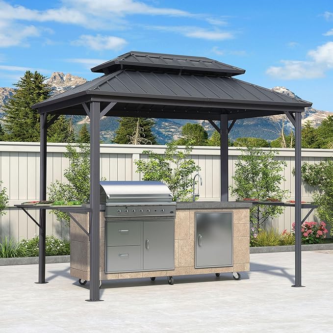 PURPLE LEAF 6' X 9' Hardtop Grill Gazebo for Barbecue Patio Permanent Metal Double Roof with Ceiling Hook and Shelves Outdoor Aluminum Sun Shade BBQ Gazebo