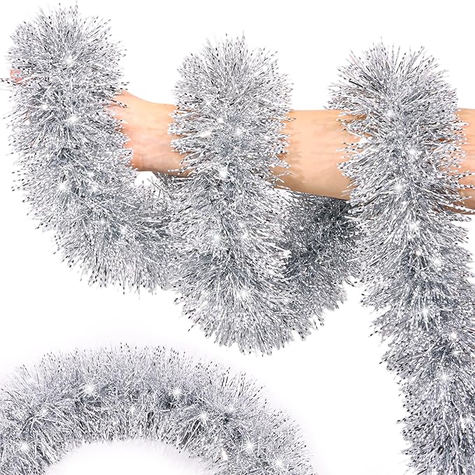 50FT Silver Christmas Tinsel Garland Metallic Twist Shiny Christmas Tree Decorations, Xmas Holiday Hanging Garland for Home Mantle Stair Indoor Outdoor Hodiday Decor Party Supplies - Silver White