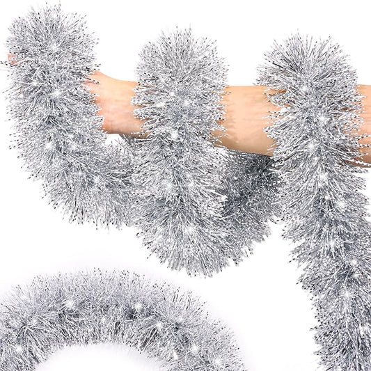 50FT Silver Christmas Tinsel Garland Metallic Twist Shiny Christmas Tree Decorations, Xmas Holiday Hanging Garland for Home Mantle Stair Indoor Outdoor Hodiday Decor Party Supplies - Silver White