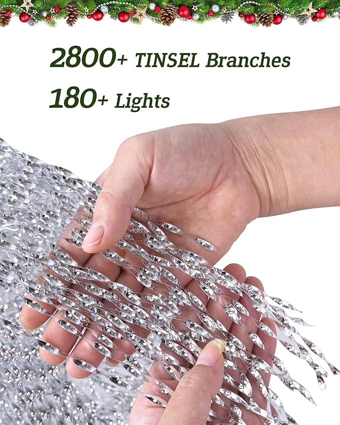 6.5ft Pre-Lit Artificial Christmas Tree, Christmas Tree with 180 LED Lights, 8 Lighting Modes, 2800 Tinsel Branches, Perfect for Indoor, Home, Party, Office, Apartment Decoration (Silver)