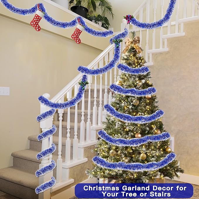 50FT Blue White Christmas Tinsel Garland Metallic Twist Shiny Christmas Tree Decorations, Xmas Holiday Hanging Garland for Home Mantle Stair Indoor Outdoor Holiday Decor Party Supplies - Blue White