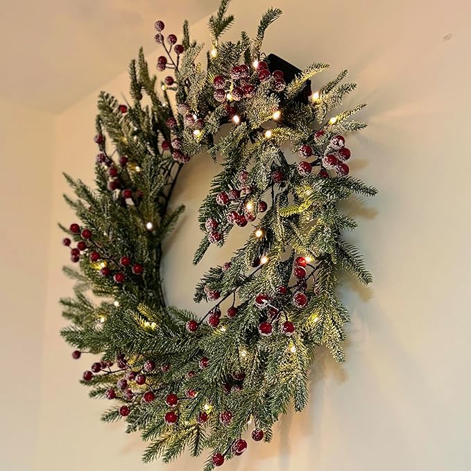 24" Prelit Christmas Wreath with LED Lights, Snow-Flocked Pine, Red Berries & Pine Cones, Holiday Front Door Decoration