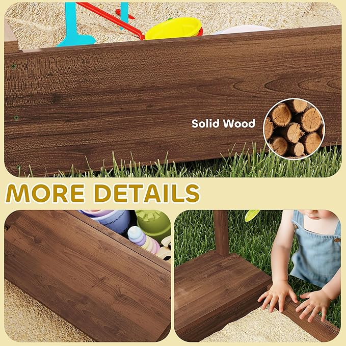 Qaba Kids Wooden Sandbox with Canopy, Large Wood Sand Pit with Mesh Door, 2 Bench Seats, Bottom Liner, Outdoor Snad Box for Backyard, Garden, Patio, Beach, Brown