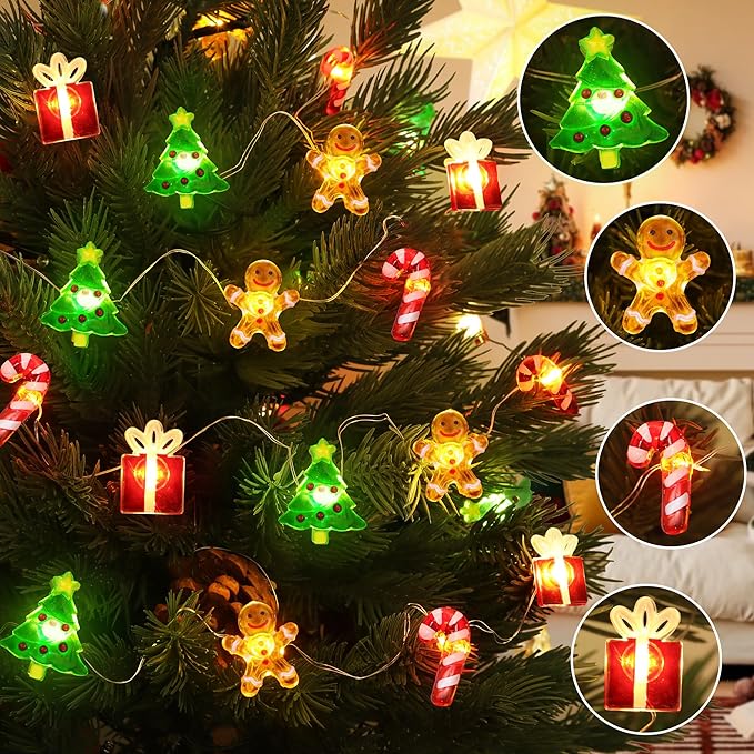 Christmas Lights Battery Operated 12FT 32 LED Xmas Tree Gingerbread Man Candy Cane Gift Box Xmas String Lights, Christmas Fairy Lights for Tree Light Decorations Table Home Indoor Holiday Decor