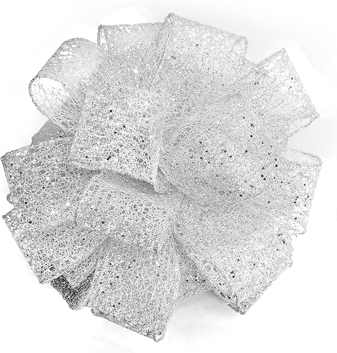 CT CRAFT LLC Silver Glitter Mesh Christmas Tree Topper Bow 11" with 4 Ribbon Streamers x 3 Yards Long Each for Holidy Elegant Fancy Home Décor Indoor