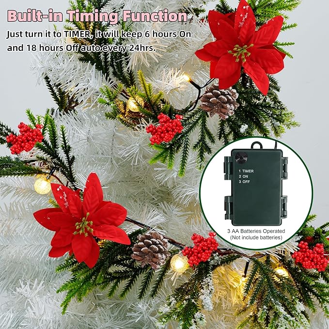 Juegoal Christmas Garland, 9 FT Pre-lit Artificial Xmas Flocked Garlands, Lighted Poinsettia Spruce Garland, Timer & Battery Operated with Lights, for Garden Home Winter New Year Decorations