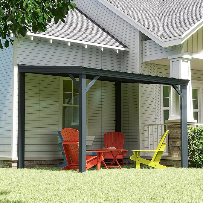 Domi 8' x 10' Lean to Gazebo, Wall Mounted Gazebos Pergola with Built in Drainage System, Galvanized Steel Roof, Hardtop Patio Shelter for Deck, Porch, Backyard and More