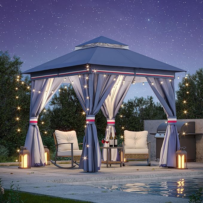 LAUSAINT HOME Semi-Permanent Patio Gazebo 8'x8' with Expansion Bolts, Outdoor Heavy Duty Party Tent with Double Roofs, Mosquito Nettings and Privacy Screens for Backyard, Garden, Lawn, Navy Blue