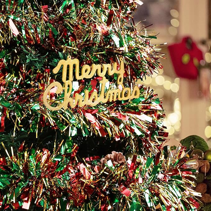 50Ft Christmas Tinsel Twist Garland, Metallic Twist Garland Tree Decorations for Christmas Tree New Year Party Birthday Holiday Supplies Indoor and Outdoor Decoration (Red Green Gold)