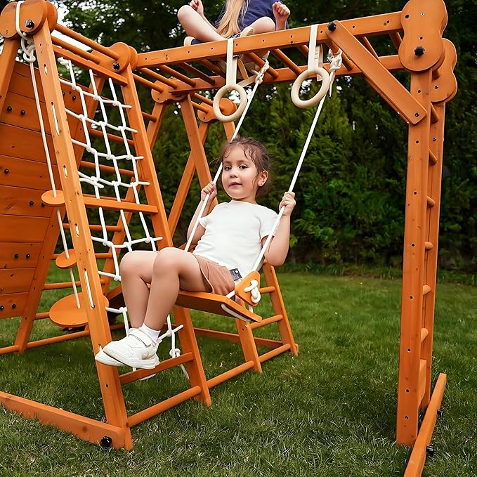 Avenlur 8-in-1 Small Indoor/Outdoor Playset ? Foldable Wooden Kids Play Set for Backyard ? Kid Playground for Toddlers Age 2?6 with Slide, Monkey Bars, 2 Ladders, 2 Swings, Rock Climbing, Gym Rings