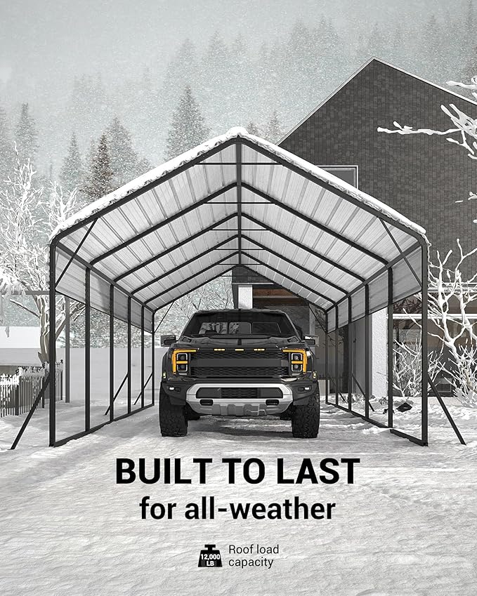 13x26 FT Metal Carport Heavy Duty Car Ports Reinforced Frame, Galvanized Steel Roof and Enhanced Base All-Weather Outdoor Oversized Shelter for Cars, Bass Boats, Full-Sized Pickup Trucks, Tractors
