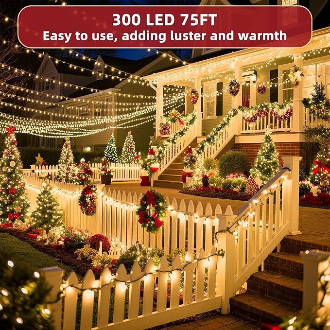300 LED Outdoor Christmas Lights 75ft, 12 Lighting Modes Indoor String Lights Dimmable & Timer Memory, Outsite Waterproof Tree Lights for Xmas Garden Wedding Party Holiday Decorations Warm White
