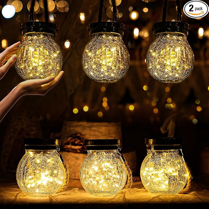 Cooo 2 Pack Heavy Crackle Glass Solar Lantern with 30 LED Firefly Lights– Waterproof Outdoor Hanging Lamp 215% Larger Solar Panel, Stainless Steel Lid Decorative Lighting for Garden Patio Table