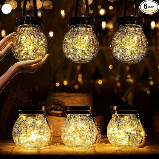 Cooo Christmas Gifts 6 Pack Heavy Crackle Glass Solar Lantern with 30 LED Firefly Lights– Waterproof Outdoor Hanging Lamp 215% Larger Solar Panel, Stainless Steel Lid Decorative Lighting for Garden