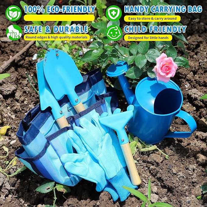 Kids Gardening Tools Set, Toddler Play Kit Child Outdoor Toy with Gloves, Watering Can, Metal Shovel, Rake, Spade & Storage Bag, Backyard Sand Digging Birthday for Boys Girls 3 4 5 (Blue)