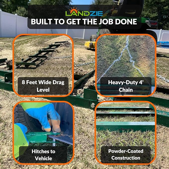 LANDZIE - The Original 8FT Drag Harrow Driveway Grader, 64 LB Heavy Duty Tow Behind Lawn and Landscape Rake, Gravel Driveway Drag, Power Rake , Lawn Leveler