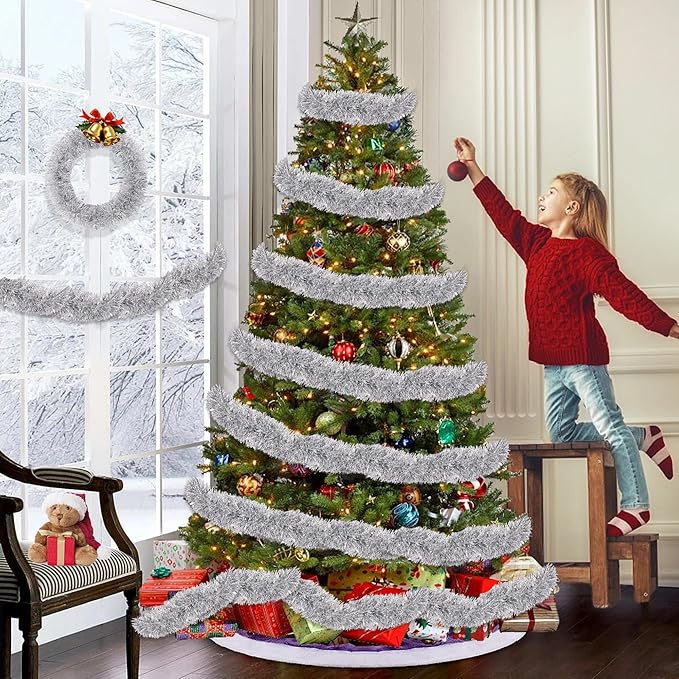 50FT Silver White Christmas Tinsel Garland, Metallic Twist Xmas Garland for Christmas Tree Decorations, Holiday Hanging Garlands for Mantel Staircase Fireplace Indoor Outdoor Home Party Decor