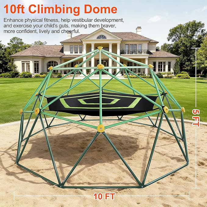 10FT Kids Climbing Dome Jungle Gym, with Hammock, All-Weather Heavy Duty Outdoor Playset for Ages 3-12, IPX9 Steel Frame, Backyard, Park, Indoor Use