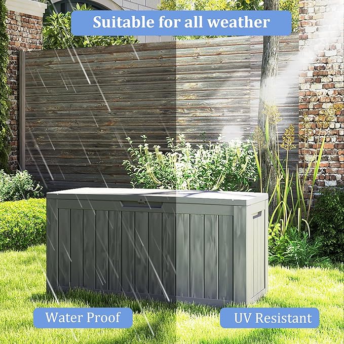 Mersco 72 Gallon Double-Wall Resin Deck Box - Lockable Waterproof Outdoor Storage Box, 515lbs Capacity & Doubles as Seating for Patio Furniture - Garden Tools, Pool Accessories (Grey)