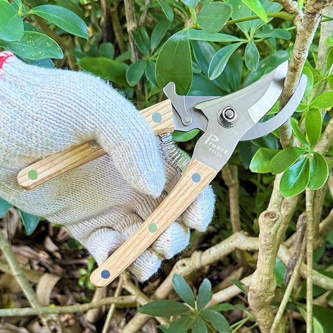 Pruning Shears for Gardening - 7.5 Hand Pruners with High Carbon Steel Blade, 5/8 Cutting Capacity, Ergonomic Wood-Inlaid Steel Handles, Safety Lock & a Spring Included - Garden Clippers