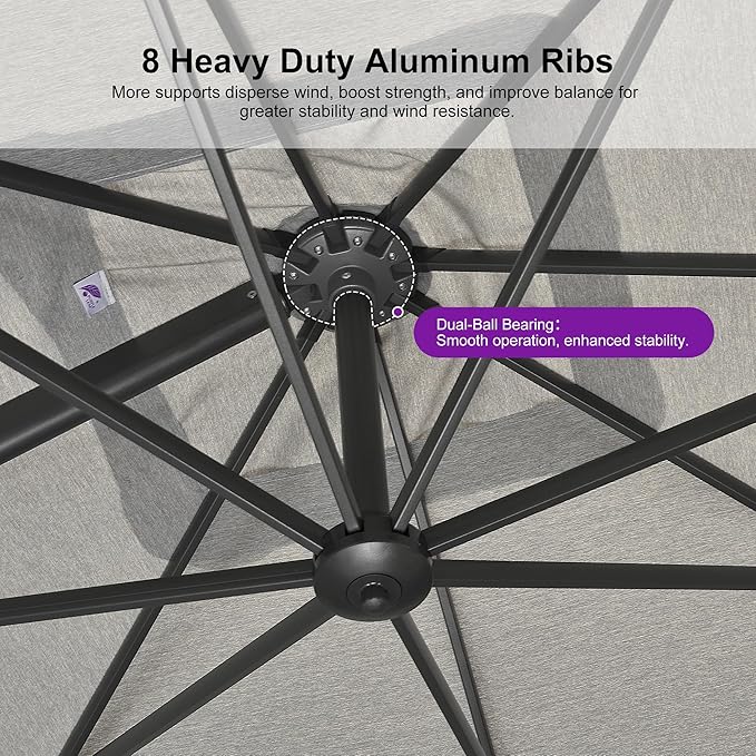 PURPLE LEAF 9' X 11.5' Rectangle Patio Umbrella Outdoor Large Aluminum Cantilever Umbrella with 3-Year Fade Resistance Recycled Fabric and 360-degree Rotation for Deck Pool Garden, Pebble Grey