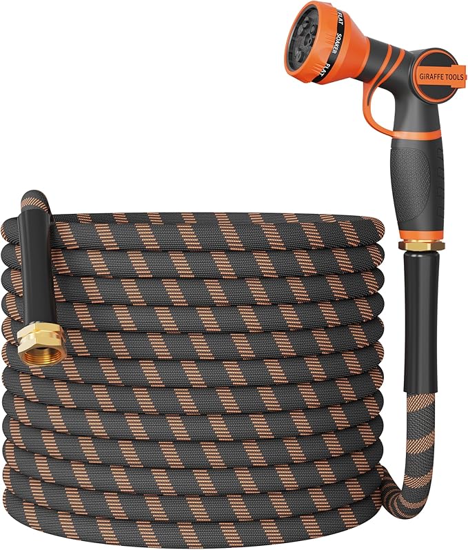 Giraffe Tools Non-Expandable Garden Hose 75FT 1/2¡± Lightweight Flexible Water Hoses Burst 600 psi with 9 Spray Function Nozzle Heavy Duty Hose
