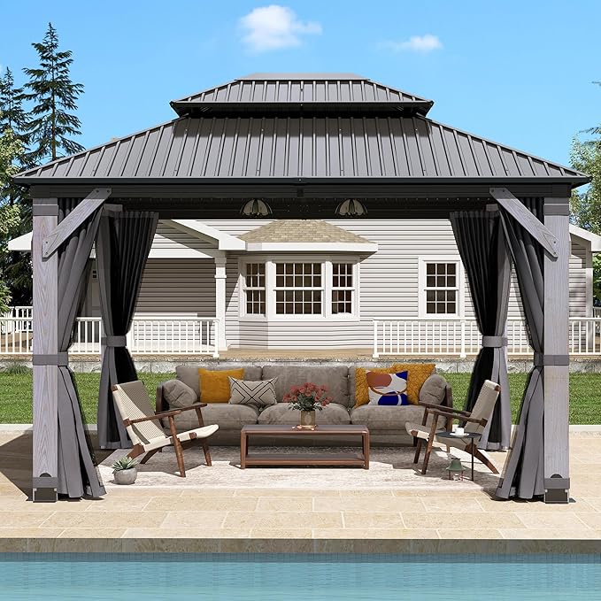 10x12FT Wood Gazebo,Outdoor Wooden Hardtop Gazebo with Galvanized Steel Doule Roof,Cedar Wood Frame Gazebos with Netting &Curtainfor Patio Backyard Deck