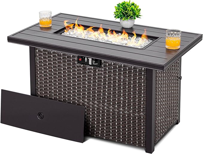 Nuu Garden 43 Propane Fire Pit Table, 50,000 BTU CSA Certified Outdoor Gas Fire Pit with Aluminum Tabletop, Removable Lid, 7 lbs Glass Rocks & Waterproof Oxford Cover, Brown