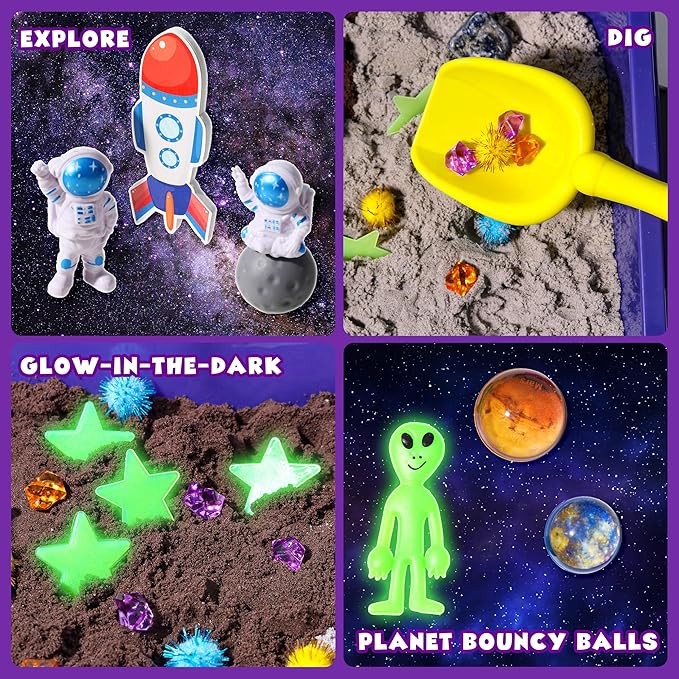 Galaxy Sensory bin, Gemstone Dig Kit,Galaxy Excavation Gem Kit with 5 Real Gemstones for Kids,Space Planet Toys STEM Science Kits,Alien Sandbox Play Set for Girls Boys 3 4 5 6 Years Old