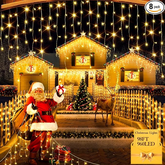 98FT 960 LED Christmas Lights, Waterproof 8 Modes Ice Lights for Outside with Memory and Timer Hanging Fairy Lights Plug-in Curtain String Lights for Holiday Party Wedding Home (Warm White)