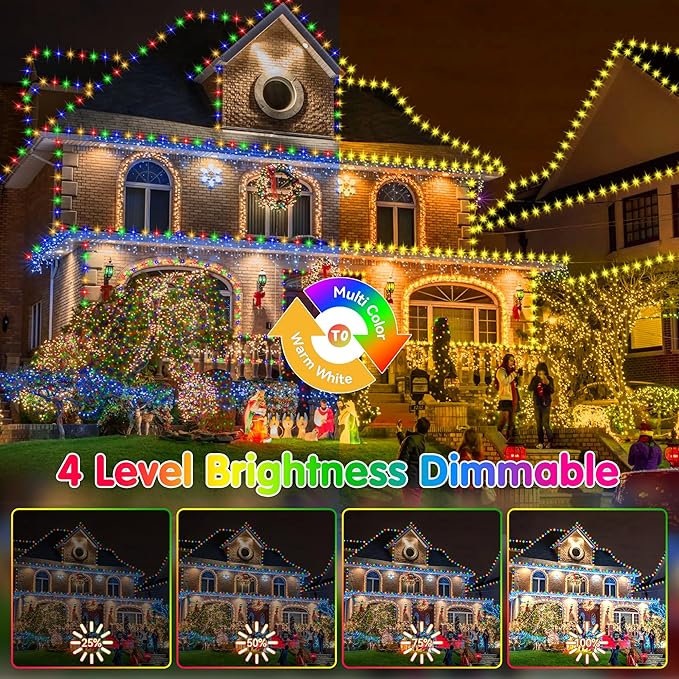 KNONEW Christmas Lights Outdoor 500 LED 197FT Clear Wire Color Changing String Lights with 11 Modes & Timer Dimmable Fairy Light for Xmas Tree Roof Yard Wedding Decorations(Warm White to Multicolor)