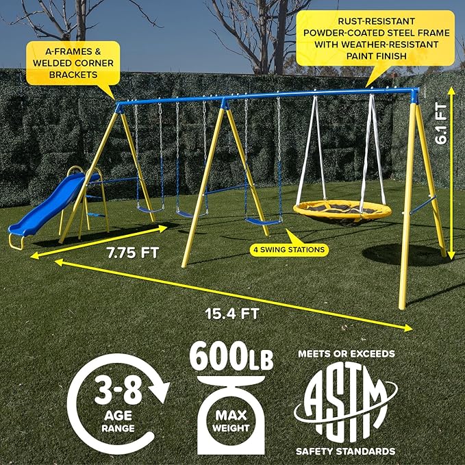 Sportspower Triple Swing & Saucer Backyard Swing Set for Kids, 600LBS, 3 Sling Swings, Saucer Swing, 5 ft Slide, Anchor Kit, Outdoor Playset for Kids Aged 3-8, 17.1' W x 7.6' D x 6.1' H