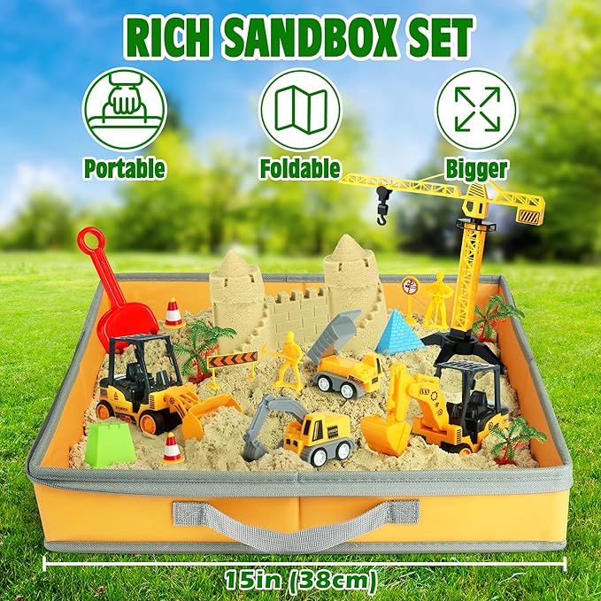 Sand Construction Kit with Big Foldable Sandbox and 2.2lbs Moldable Sensory Play Sand, Truck Toys Including Castle Molds and Other Accessories - 36Pc Set for Kids 3+