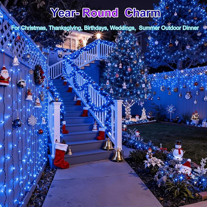 350LED 90FT Christmas Lights Indoor Outdoor, 12 Modes Blue Outdoor String Lights with Timer Dimmable, Waterproof Green Wire Christmas String Lights for Christma Tree Patio Fence Balcony Garden Party