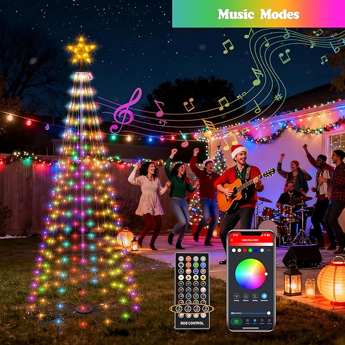 6FT Lighted Outdoor Christmas Tree, 265 LED Smart Cone Tree, Music Sync RGB Fairy Lights, LED Light Show, APP and Remote Control, Timer Function, Perfect for Outdoor Christmas Decorations