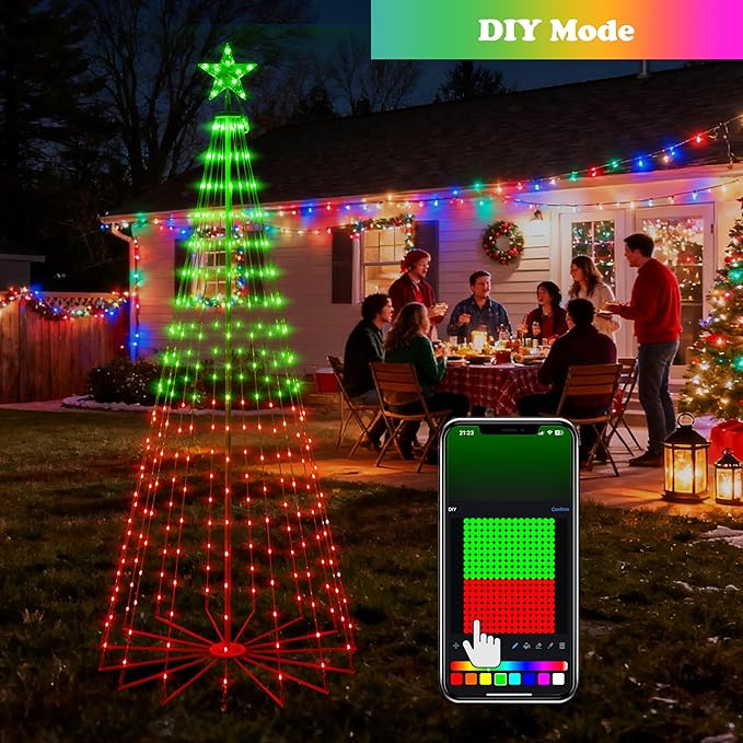 7FT Lighted Outdoor Christmas Tree, 295 LED Smart Cone Tree, Music Sync RGB Fairy Lights, LED Light Show, APP and Remote Control, Timer Function, Perfect for Outdoor Christmas Decorations
