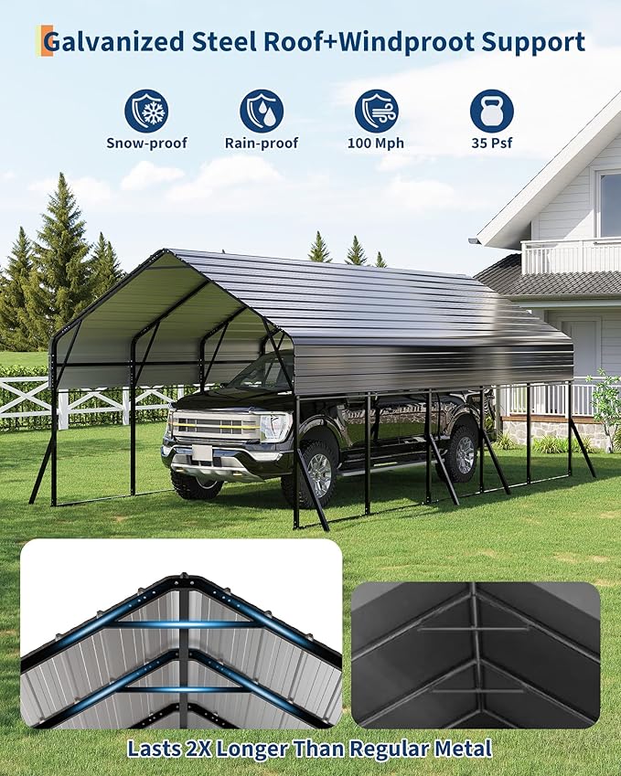 13'x26' Metal Carport, Heavy Duty Car Ports Kit for Trucks, Boats, RV, Tractor, Reinforced Frame with Anchors, Easy Assembly