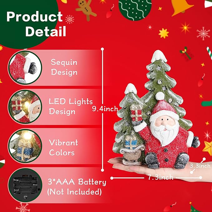 Santa Claus Statues Christmas Decorations Indoor -Christmas Santa Claus Tree Statue Figurines with Lights for Holiday Decor,Xmas Decorations for Table Fireplace Mantle,Winter Xmas Gifts with Timer