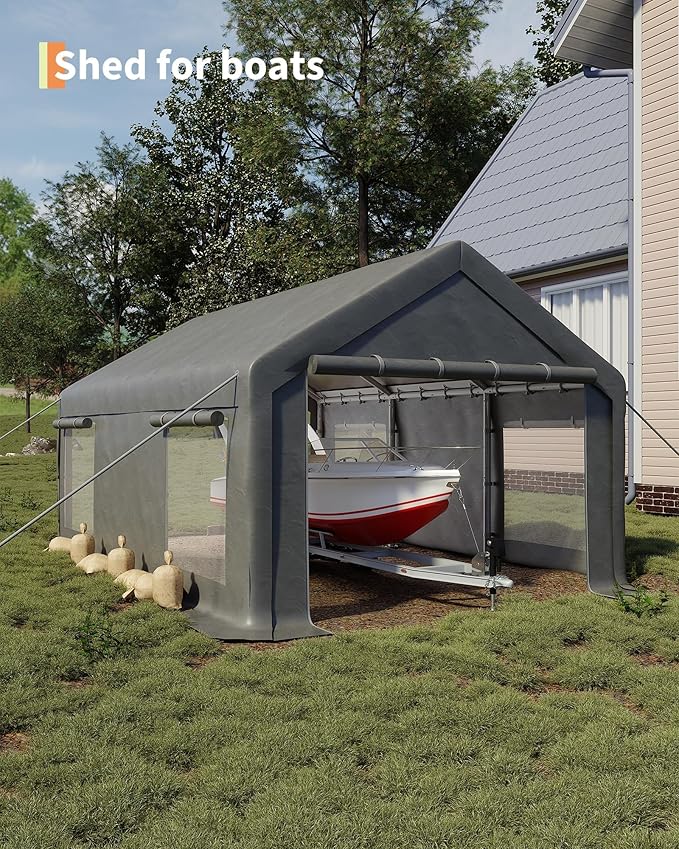 13X20 FT Portable Carport Garage with Roll-Up Windows & Doors, Heavy-Duty 200g PE Tarp, Waterproof & UV Protected Outdoor Shelter for Car, Boat, Truck, Motorcycle