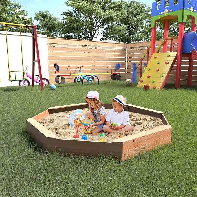 Children's Octagonal Wooden Sandbox with Cover and 4 Sturdy Benches, 8 Seats, Large Wood Octagonal Sandpit for Backyard, Patio, Garden