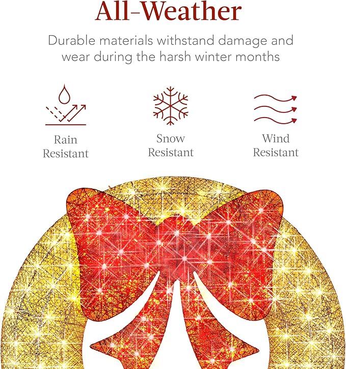 Best Choice Products 36in Pre-Lit Outdoor Christmas Wreath Decoration, LED Metal Holiday Decor for Home w/ 120 Lights, Bow - Gold/Red