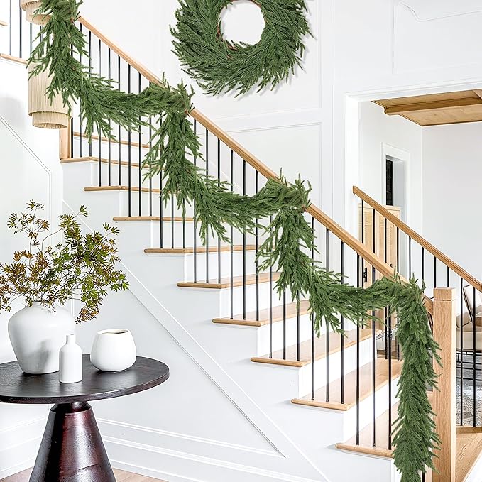 6 FT Christmas Norfolk Pine Garland Real Touch Artificial Faux Greenery Pine Christmas Garland Decorations for Home Mantle Table Stairs Door Fireplace Indoor Outdoor Xmas Holiday Decor