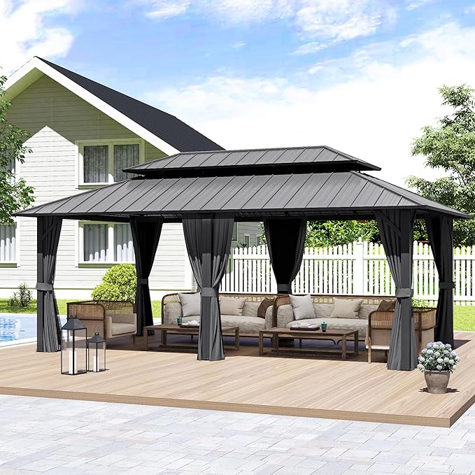12' x 20' Hardtop Gazebo, Aluminum Frame Gazebo with Double Galvanized Steel Roof, Outdoor Permanent Pavilion with Netting & Curtains for Backyard, Garden, or Deck, Grey