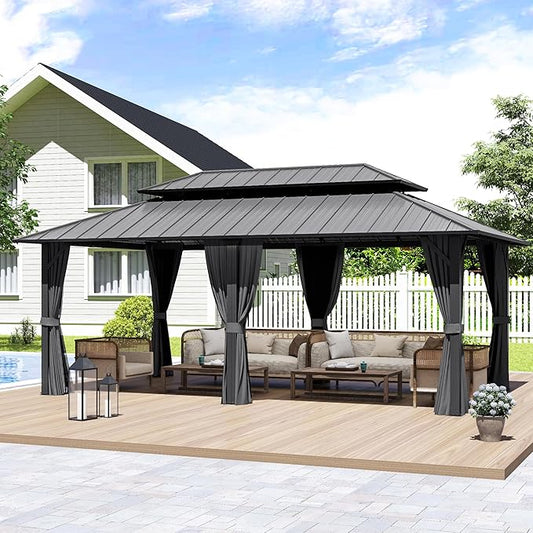 12' x 20' Hardtop Gazebo, Aluminum Frame Gazebo with Double Galvanized Steel Roof, Outdoor Permanent Pavilion with Netting & Curtains for Backyard, Garden, or Deck, Grey