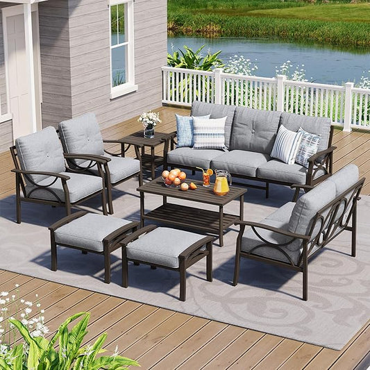 8-Pieces Outdoor Patio Furniture Set, Outdoor Metal Sectional Furniture with Cushions, Outdoor Conversation Seating Set with Coffee Table for Garden, Balcony, Deck, Backyard, Grey