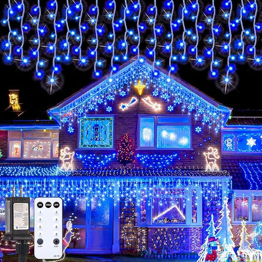 118 ft 1248 LED Christmas Outdoor Icicle Lights LED Fairy String Hanging Lights Waterproof with 8 Modes Timer for Christmas Decorations Wedding Holiday Party Roof Yard, Blue
