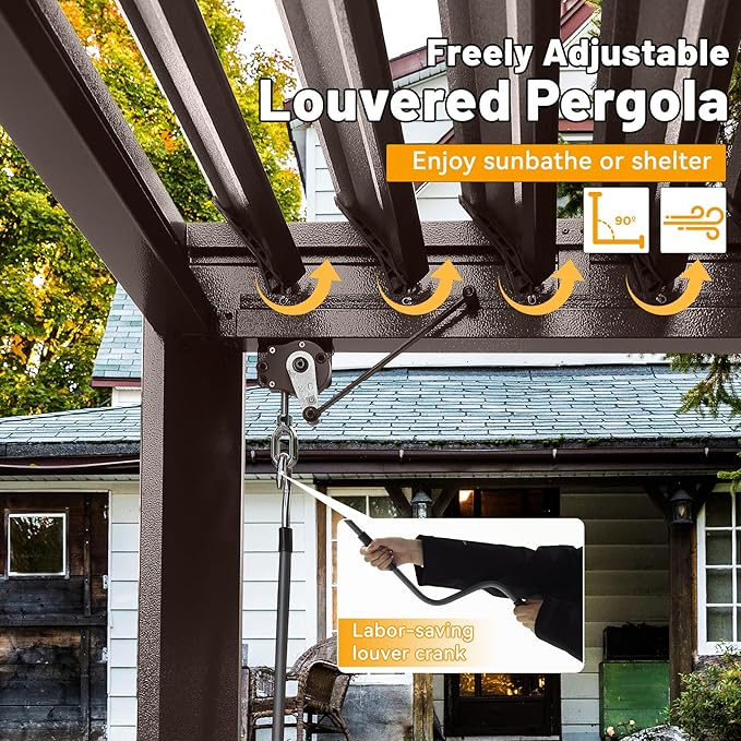 8x5 FT Grill Louvered Pergola for Outdoor Grill, Hardtop Grill Pergola with Built-in Gutter & Adjustable Rainproof Roof, Metal Shelter Gazebo for Patio Backyard Deck -Brown