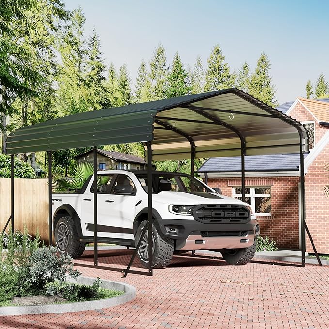 10x15 Carport Heavy Duty, Metal Carport with Galvanized Steel Roof, Metal Car Garage Multi-Use Shelter Outdoor Portable for Car, Boat, Pickup and Tractor, Black