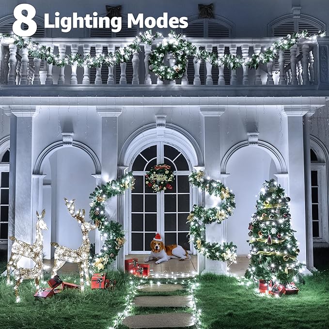 196FT 600 LED White Christmas Lights, Timer & Memory Function, 8 Modes Christmas String Lights Plug in Fairy Lights for Xmas Tree Holiday Garden Party Decor
